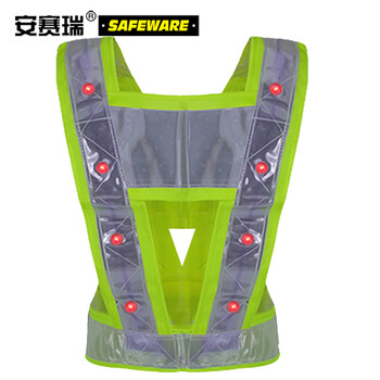安赛瑞 LED带灯反光马甲 施工环卫反光衣 道路交通警示执勤马甲V字型服反光衣骑行反光服 荧光绿 26011