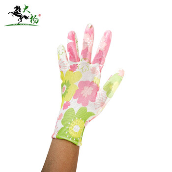 大杨233尼龙印花PU涂层手套女 粉绿花纹 12双 防滑透气劳保手套