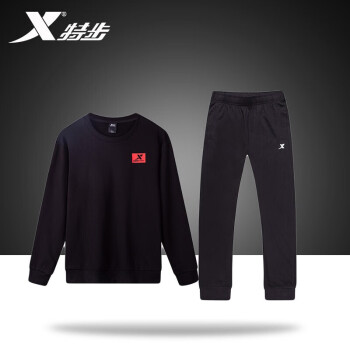 特步运动套装男2022年秋季套头运动服防风休闲套装户外健身跑步运动套装男两件套R 黑+黑 XL