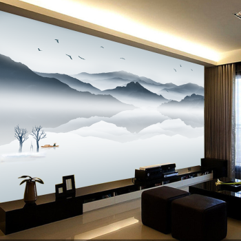 梦帝欧 电视背景墙壁画新中式山水画抽象烟雾泛舟3d凹凸立体大型壁纸