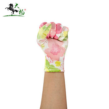 大杨233尼龙印花PU涂层手套女 粉绿花纹 12双 防滑透气劳保手套