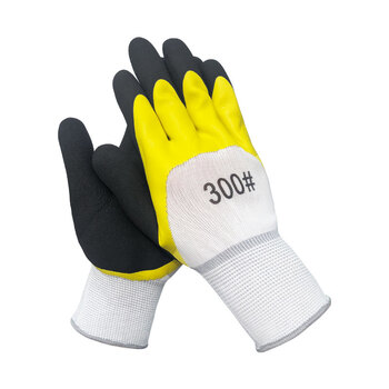 谋福CNMF103劳保手套透气耐磨防滑尼龙皱纹浸胶乳胶防护工作手套工地搬运装卸 【透气王黄纱黑12双装】