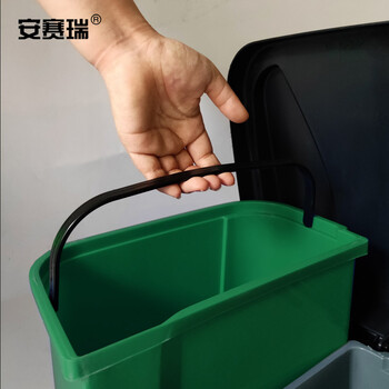 安赛瑞 双桶脚踏分类垃圾桶 加厚塑料环卫分类垃圾桶 户外商用办公可回收厨余其他干垃圾40L 带盖 绿灰 24399