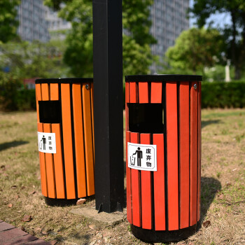 庄太太【塔型镀锌板防腐木咖啡色】户外垃圾桶室外拉圾筒环卫分类环保垃圾箱果皮箱