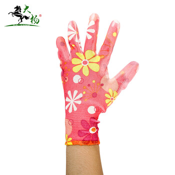 大杨233尼龙印花PU涂层手套女 红底小雏菊 12双 防滑透气劳保手套