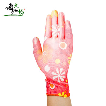 大杨233尼龙印花PU涂层手套女 红底小雏菊 12双 防滑透气劳保手套