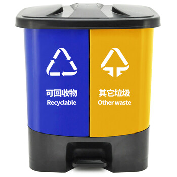 兰诗（LAUTEE）YJ-B047 脚踏分类双格垃圾桶 30L蓝黄