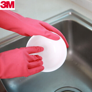 3M 思高橡胶手套 耐用型防水防滑家务清洁 柔韧加厚中号定做XA006502612 苹果红 2双