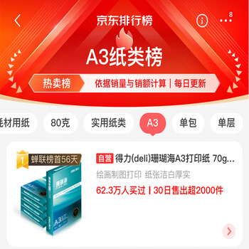 得力(deli)珊瑚海A3打印纸 70g克500张*5包一箱 行业热销复印纸 双面绘图纸 手抄报画纸 整箱2500张 7365