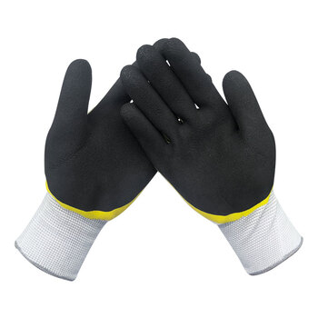 谋福CNMF103劳保手套透气耐磨防滑尼龙皱纹浸胶乳胶防护工作手套工地搬运装卸 【透气王黄纱黑12双装】