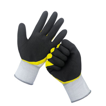 谋福CNMF103劳保手套透气耐磨防滑尼龙皱纹浸胶乳胶防护工作手套工地搬运装卸 【透气王黄纱黑12双装】