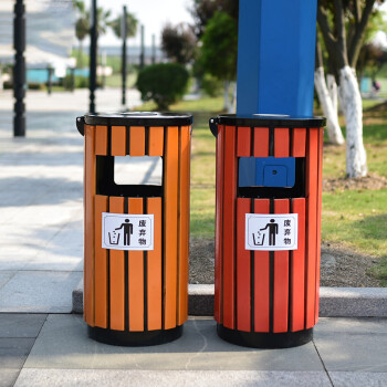 庄太太【塔型镀锌板防腐木咖啡色】户外垃圾桶室外拉圾筒环卫分类环保垃圾箱果皮箱