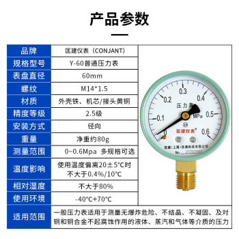 匡建仪表（CONJANT）Y-60压力表 径向指针式 水压表油压表气压表压力表 表盘直径60mm 0-0.6MPa