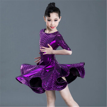 蕊派拉丁舞服装女儿童少儿比赛规定演出服练功舞裙女孩舞蹈服女童紫色
