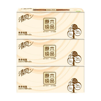 清风 B339A18 二层原木180抽面巾纸 （206mm×195mm/抽）×180抽/盒×3盒/包×12包/箱