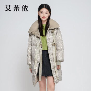 艾莱依羽绒服女中长款时尚2021反季冬保暖鹅绒敦煌潮外套绿底色花165