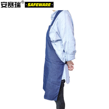 安赛瑞 牛仔围裙 夏季薄款牛仔布工厂车间防污围裙 服务员挂脖式围裙工作罩衣工作围裙 蓝色 11380