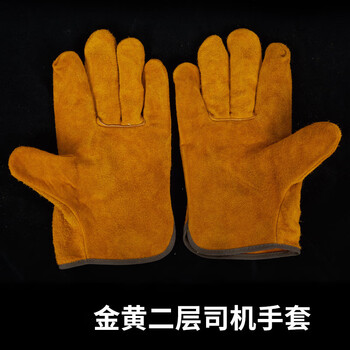 旷尔 牛皮电焊手套 防热劳保防烫牛皮焊工耐磨加长加厚劳保皮革手套【金黄二层司机手套】