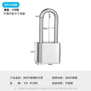 飞尔（FLYER）304不锈钢叶片挂锁 户外防水防锈安全挂锁 柜门防盗工具锁【30mm长梁不通开 带钥匙】