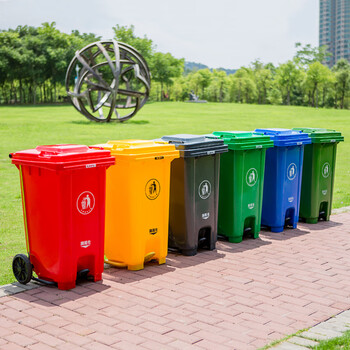 益美得 脚踏户外垃圾桶大号商用环卫垃圾箱果皮桶街道小区街道带轮 120L灰色