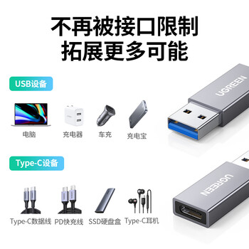 绿联（UGREEN）USB转Type C转接头OTG 苹果15/14高速快充电USB-C口转换接头carplay车载数据线转换耳机手机笔记本