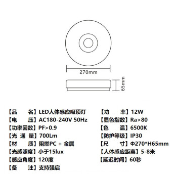 东君 LED人体感应吸顶灯 过道走廊楼道照明灯 支持强启 DJ-03A 12W 白光