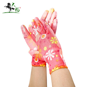 大杨233尼龙印花PU涂层手套女 红底小雏菊 12双 防滑透气劳保手套