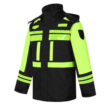 者也 反光执勤加绒雨衣防水加厚保暖防寒双层特厚雨衣雨裤套装冬季加棉 荧光绿黑色丝棉上衣 M码（165）