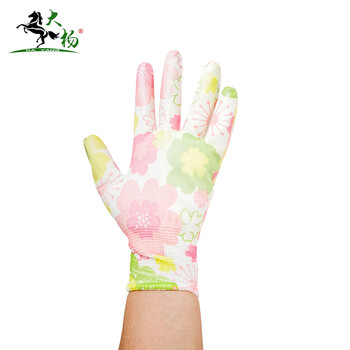 大杨233尼龙印花PU涂层手套女 粉绿花纹 12双 防滑透气劳保手套