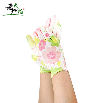 大杨233尼龙印花PU涂层手套女 粉绿花纹 12双 防滑透气劳保手套