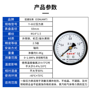 匡建仪表（CONJANT）Y-60Z 压力表 轴向指针式 水压表油压表气压表压力表 表盘直径60mm 0-1.6MPa