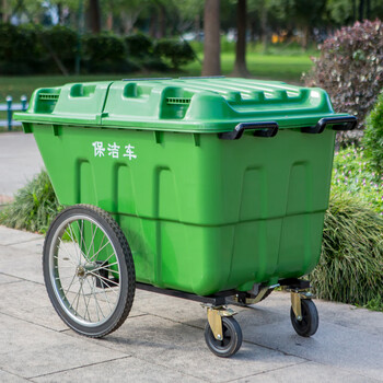 益美得 手推垃圾清运车户外环卫大号垃圾桶工地带轮带盖街道物业保洁垃圾车 草绿色400L