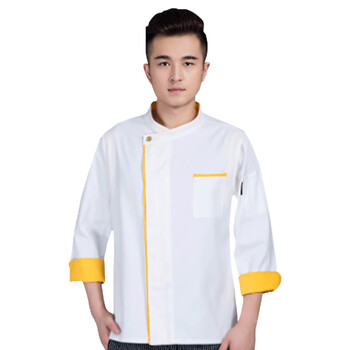 米盛厨师服 酒店饭店餐饮后厨工作服长袖加厚 白色+黄边4XL码MS-7
