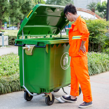 益美得 塑料环卫垃圾车户外手推移动垃圾桶大号清运车 660L无脚踏绿色