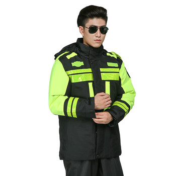 者也 反光执勤加绒雨衣防水加厚保暖防寒双层特厚雨衣雨裤套装冬季加棉 荧光绿黑色丝棉上衣 M码（165）