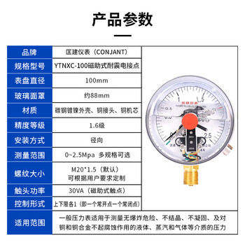 匡建仪表（CONJANT）YTNXC-100耐震电接点压力表 径向 水压表油压表气压表压力表 0-2.5MPa