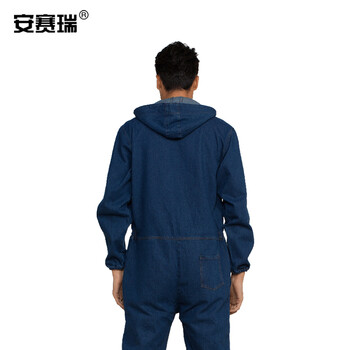 安赛瑞 连体牛仔工作服 汽修焊接工厂维修防尘耐脏加厚劳保服 牛仔蓝 2XL 180 企业定制海源 28798
