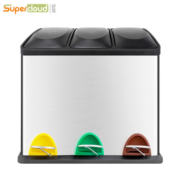 舒蔻（supercloud）分类脚踏不锈钢垃圾桶大号干湿分离厨房脚踩桶酒店商场办公楼方形三分类圾垃桶24L  