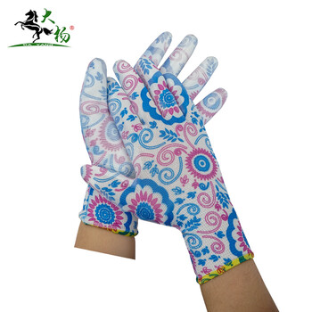 大杨233尼龙印花PU涂层手套女 白底蓝彩花 12双 防滑透气劳保手套