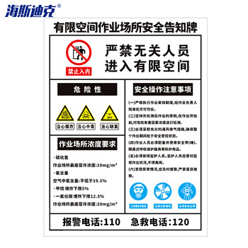 海斯迪克 HK-616 pvc塑料板 警告警示提示标志标识牌30*40cm 有限空间作业场所安全告知牌 竖版