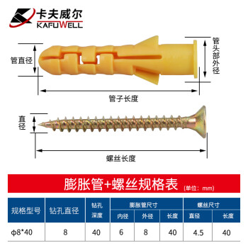 卡夫威尔 小黄鱼膨胀螺丝 自攻螺丝钉 膨胀管 8mm 50PCS ES4176