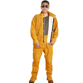 鸣固 牛皮电焊工作服焊工防烫耐高温防护服黄色单层全皮上衣+裤子送长款牛皮手套L