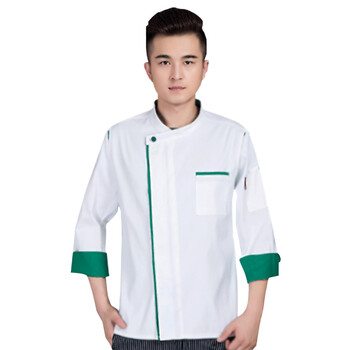 米盛厨师服 酒店饭店餐饮后厨工作服长袖加厚 白色+绿边XL码MS-7