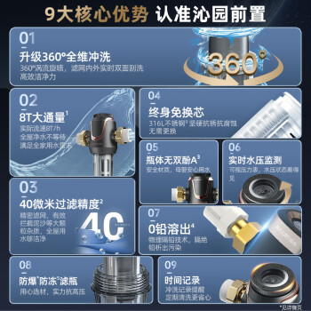 沁园（TRULIVA）家用入户自来水前置过滤器 8T大通量40微米手动正反冲洗过滤器 压力表监控全屋净水器P-A5510