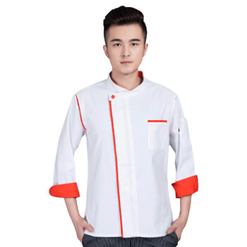 米盛厨师服 酒店饭店餐饮后厨工作服长袖加厚 白色+橙边5XL码MS-7