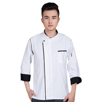 米盛厨师服 酒店饭店餐饮后厨工作服长袖加厚 白色+黑边L码MS-7