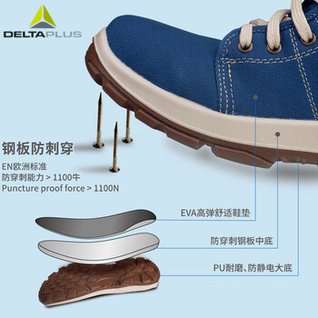 代尔塔（Deltaplus）301226 彩虹系列中帮劳保鞋 透气帆布安全鞋 防砸防穿刺防静电定做 蓝色 41码