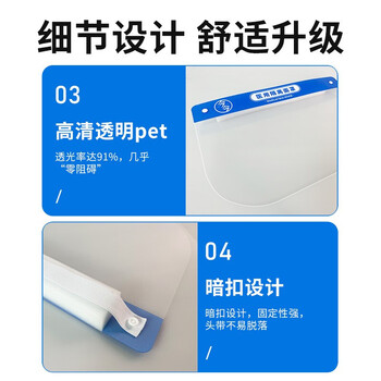 今今隔离面罩头戴式防护面屏一次性防尘防飞沫防液体喷溅防护面罩高清透光面屏 10片装*20包（200片） 