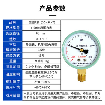 匡建仪表（CONJANT）Y-60 压力表 径向指针式 水压表油压表气压表压力表 表盘直径60mm -0.1+0.3MPa