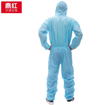 鼎红 一次性工作服无纺布带帽防护服防尘服工作服喷漆打扫透气连体服(5件装）蓝色SMS加厚款（有帽无脚套）